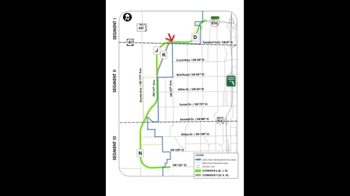 This image shows the original plan for the 14-mile Kendall Parkway, which would have extended the 836 Expressway into Southwest Miami-Dade. The red arrow depicts the approximate endpoint of a four-mile 836 extension as approved by the Greater Miami Expressway Agency on June 11, 2026. This image shows the original plan for the 14-mile Kendall Parkway, which would have extended the 836 Expressway into Southwest Miami-Dade. The red arrow depicts the approximate endpoint of a four-mile 836 extension as approved by the Greater Miami Expressway Agency on June 11, 2026.